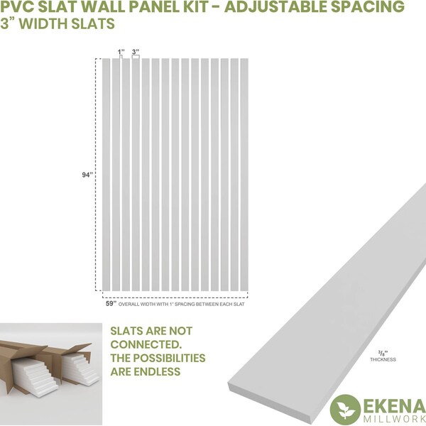 94H X 3/8T Adjustable PVC Slat Wall Panel Kit W/ 3W Slats, Unfinished Contains 15 Slats